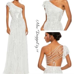 Mac Duggal White Sequin One Shoulder Flutter Sleeve Gown Dress 14